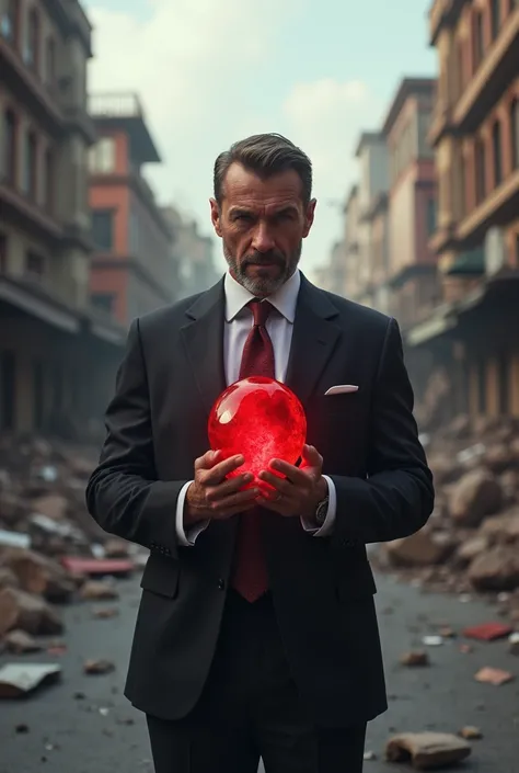 Make it look like a 30-year-old man dressed in a fancy suit holding a bright red stone in the middle of the city and make the city look like it was a little destroyed like a small bomb.