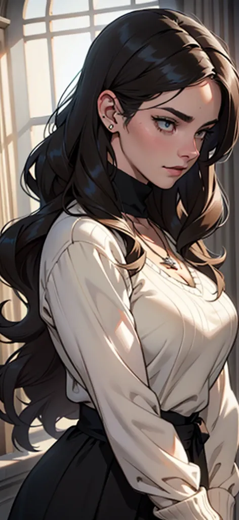 girl muscles huge breasts black long hair yellow eyes pale skin thick toned body muscular long sleeve tight shirt solo solo sad sad muscular muscularum close de uma mulher com uma blusa preta e um sutiã preto,  Charlie Bowater art style , estilo Charlie Bo...