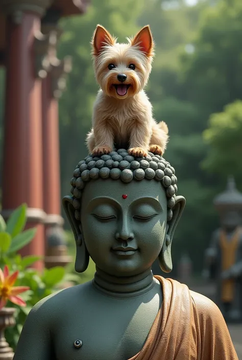 Make an image of dog who was sirting in the bust of buddha