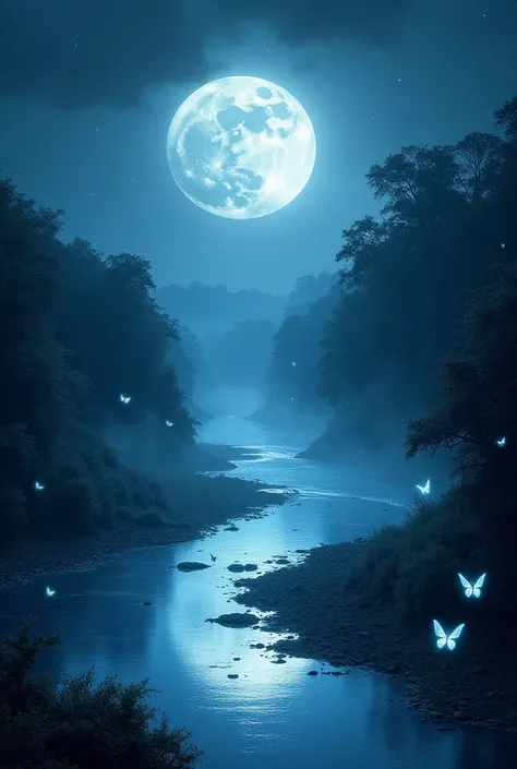  The river meanders under an imposing full moon that bathes everything with a silver sheen . On the banks,  the shadows of the jungle rise like dark walls , while luminous butterflies flutter ,  its iridescent wings illuminating the environment with ethere...