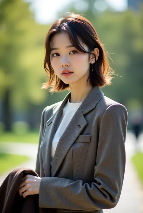  high quality realistic Japanese woman ,  beautiful girls (((Standard Size Chest ))) ,  top quality ,  A 20-year-old Japanese girl with brown and unkempt hair , Wearing a suit with a geometric pattern  、 ,  standing in the park ,  holding a cashmere coat i...