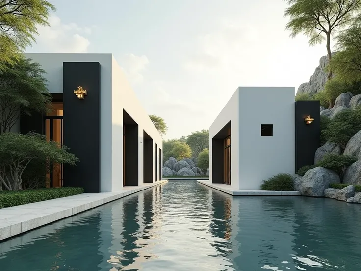 luxury,  architecture and geometric figures  nature, minimalistic design, bold lines, parallax designs mixture of black and white color with small details in gold,  