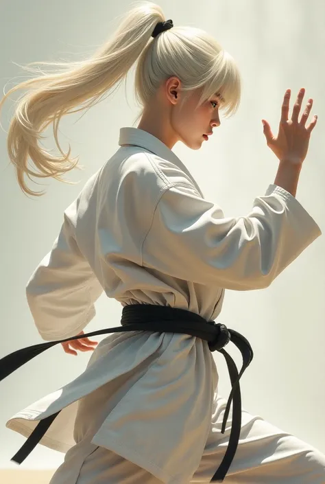  masterpiece ,  Better quality,  super detailed  ,  full body , An Asian rebel ,  white skin ,  blonde hair, white karate clothes ,  performing a karate stroke.