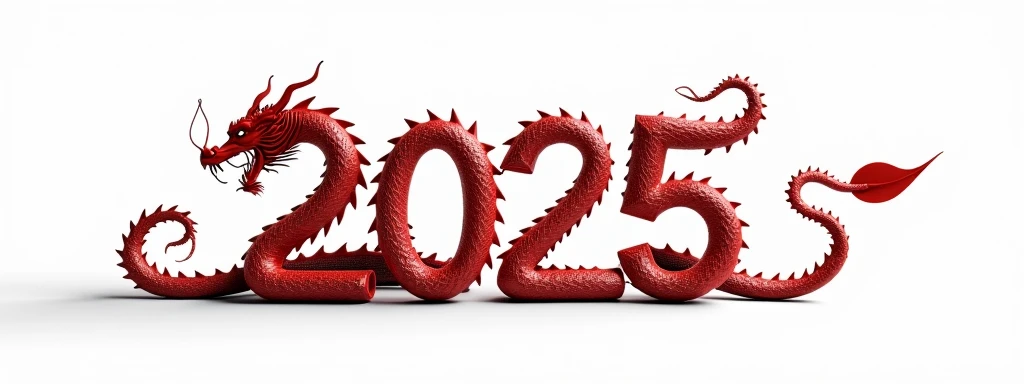 Creative Typography form style. "2025" number 2 in form of snake, number 0 in form of egg, the other 2 in form.of dragon tail and number 5 in form of dragon head. the last two numbers in one form of great dragon. realistic material, White background.