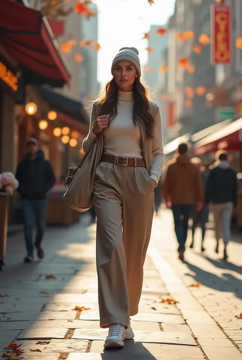 "A woman walking confidently down a busy city sidewalk on a cool autumn day, wearing a fitted turtleneck, wide-leg trousers, and clean white sneakers. She’s accessorized with a stylish beanie and a structured handbag, while the bustling cityscape with shop...