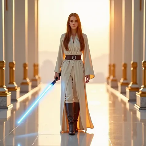 Use this image and create a woman  (( realistic ))  With long straight brown hair .  Wear long dark gray boots . Wear white pants .  Wear long dark gray boots .  Wear white and dark gray Jedi robes {x} That you carry in your hand a light sabre with a singl...