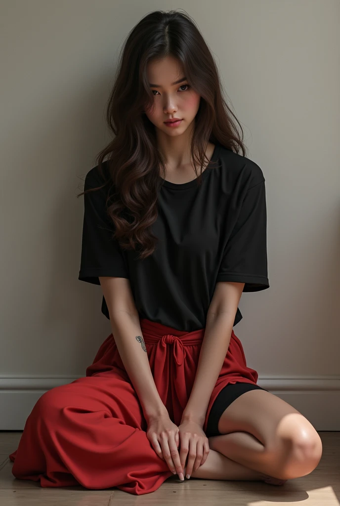 Long Brunette hair woman wearing black shirt and red skirt with black shorts underneath sitting on the floor 