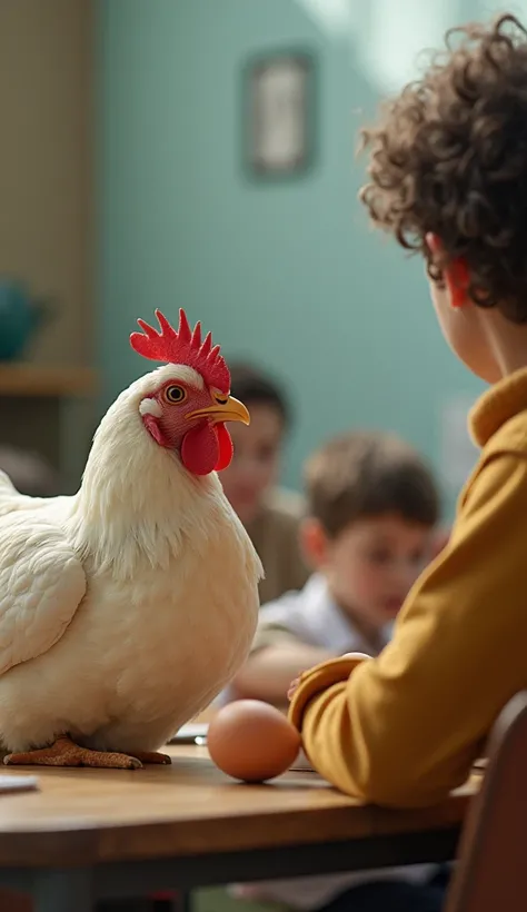 "Write a story where a student uses logic to convince a teacher why a chicken cannot lay eggs every single day, leading to a funny conclusion."