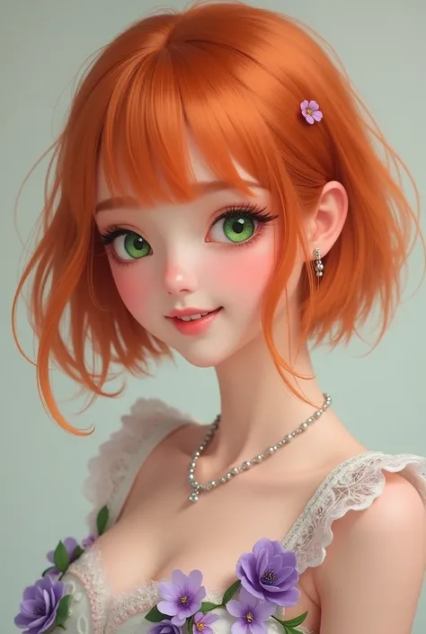 Orange-haired woman with short straight hair of a height of 1 . 58 who wears a dress of purple flowers and green eyes and a charming smile that she has 