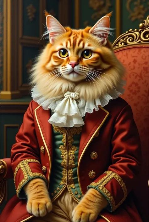 Painting of a golden Persian cat with dark yellowish eyes wearing a Victorian-era outfit 