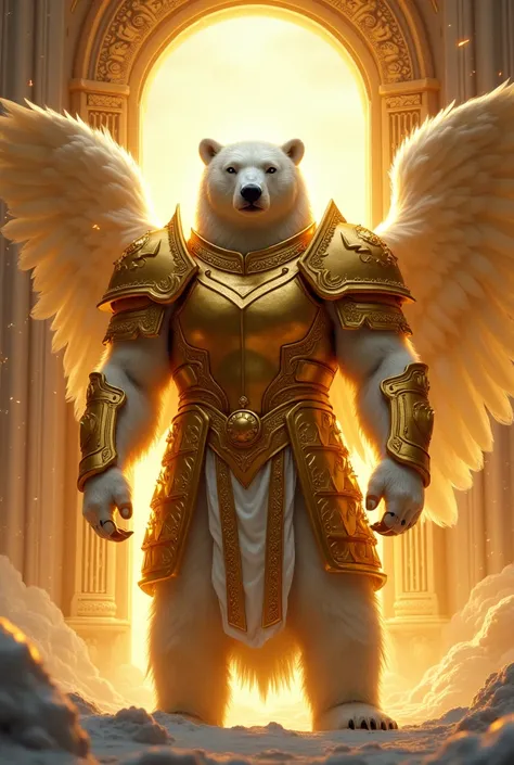 A polar bear whit golden armour on him protecting the gates of heaven ,whit a serafim angel of fire