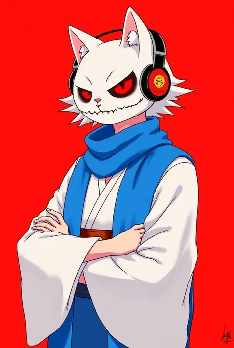  masterpiece , high quality,Alone, Ryomen Sukuna summer cat ,1 cat, blue scarf, Japanese clothing,white kimono,wide sleeves, long sleeves, headset ,  heart, or,zouri, inferno,shadow,shadowed face,skull,animal skull, red background ,