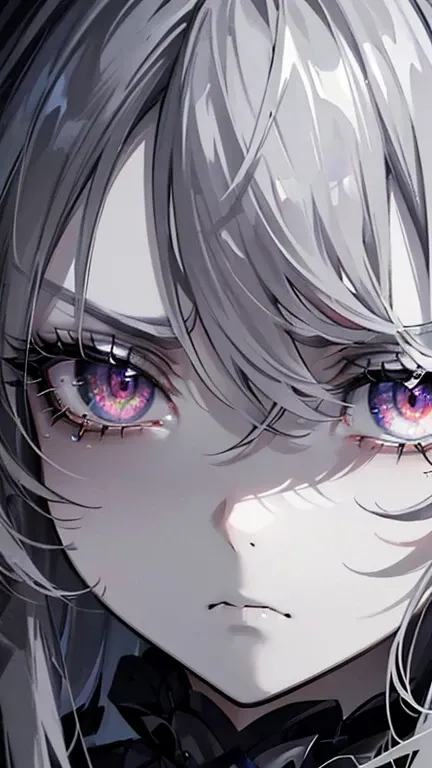 (masterpiece,  Top Quality  ,  super detailed ),  1 girl,  beautifully detailed face  ,    detailed eyes, Watch viewers , Multicolored eyes,((  Grey Theme),((anger,, melancholy)),Grey Skin,  angry expression ,Swollen eyelids,(( close-up)),  Happening ,  go...