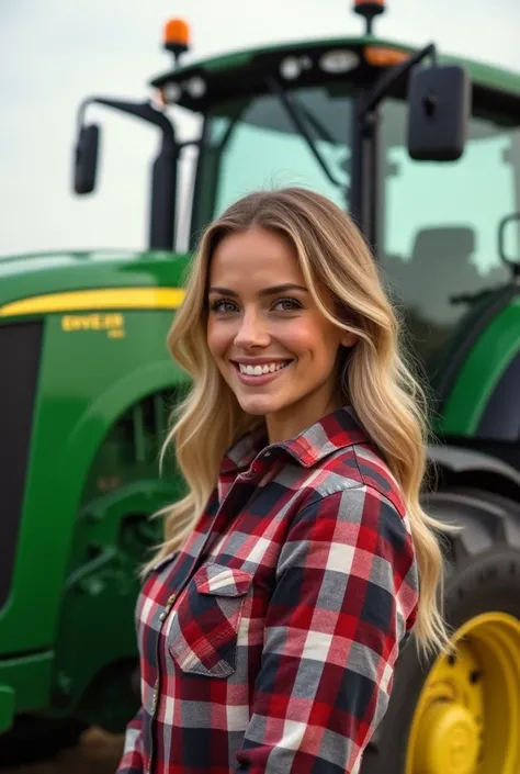 a beautiful young woman smile is standing in front of a tractor Jonh Deere 9R with a red and white background, small house sfw huge breasts, big breasts!, US farmer, big breasts, big breasts!!, farmer, wearing farm clothes, sie boob, in a field, on a farm,...