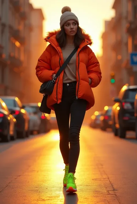 "A woman walking down the street at sunset, wearing a thick quilted jacket, black skinny jeans, and sneakers with a striking color contrast (such as bright orange or neon green). She accessorizes with a stylish beanie and a crossbody bag. The setting sun c...