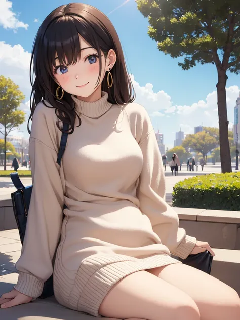 masterpiece、 high res、 1 girl、solo、woman、smile、blush、Mid-chest、 slimming、 real、20 years old、wool high neck sweater mini dress、 earrings for women with first name、A sunny day at the park  、 shot above the knee 