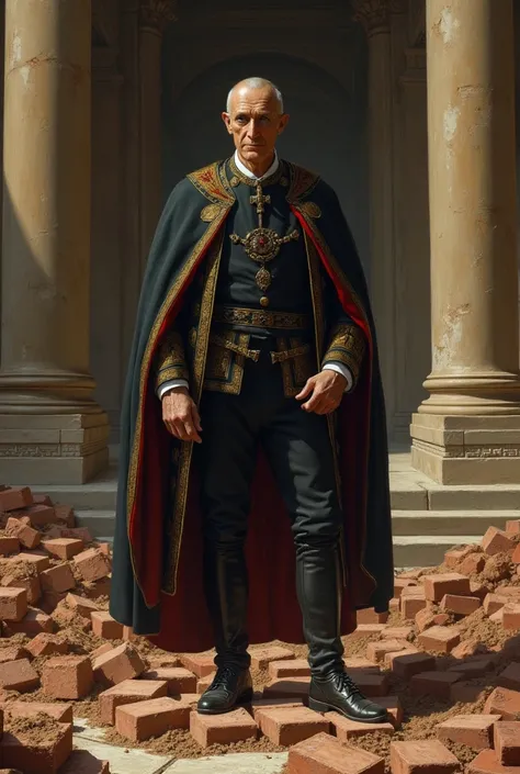 Niccolo Machiavelli putting the final brick into a foundation, wearing his political garb and having a regal attitude about him