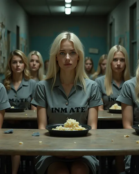 A front view of a group of stunning blonde prison inmates sitting at wooden benches eating from plastic trays at a run down Turkish prison refectory.They are wearing  grey square necked button fronted shirt dresses with INMATE printed on their dresses.