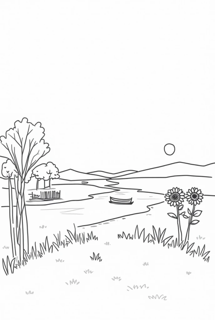 COLORING page styled look like hand drawn beautiful spring season, like village scenery with Bangladeshi feature ,simple , including : small  home adjusted century tree with clear leaf , 1 sun  ,fence with sunflower garden , river with boat ,simple bamboo ...