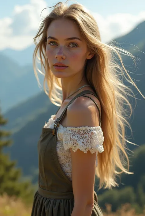 A young woman with long, flowing blonde hair stood outside, her hair slightly tangled in the wind. She has pale, white skin with a few freckles, adding to her youthful and natural appearance. Standing on top of a mountain. She wore a lace dress underneath ...