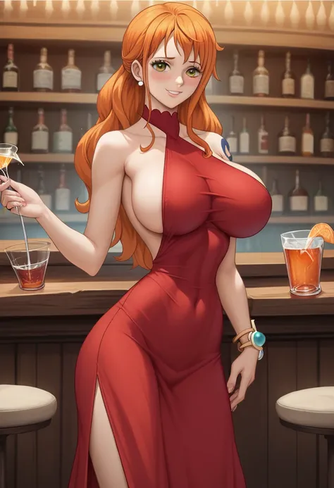 score_9, score_8_up, score_7_up, source_anime, best quality, clear face, Nami, orange hair, orange eyes, long hair, large breasts, perfect body,sexyaly standing, looking at viewer ,shy, smile showing off, mouth, red tight exposing long dress, indoor,blushi...