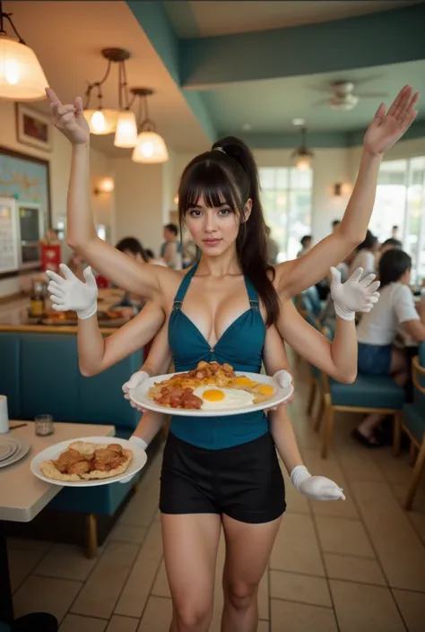 dslr photo, photograph, nikon, solo, 1girl, pretty petite mexican woman, a four-armed young mexican waitress woman is showing a table in a diner, (beautiful serious mexican woman), (zoomed out), full body view, the four-armed waitress woman has her upper r...