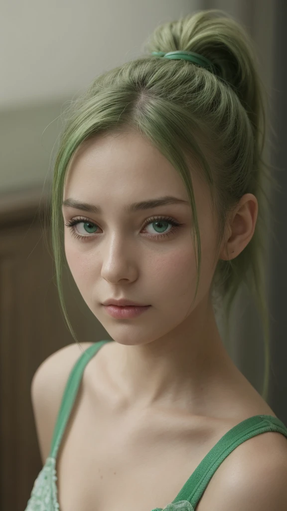 a girl, european, highly detailed face, half-closed eyes, green eyes, long messy hairstyle, ponytail, green hair, expression sad