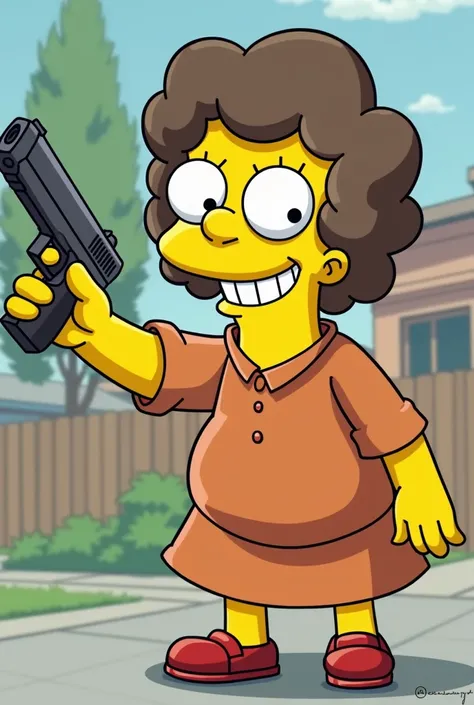 Animated grandmother similar to the Simpsons characters only with white skin and brown hair of a short height with a gun in her hand 