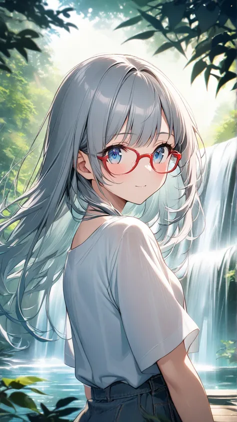 1 girl,  blue eyes, Grey Hair,  red rimmed glasses、T-Shirts、in the woods、Big waterfall、Gentle Light、Cool feeling、Transparency、