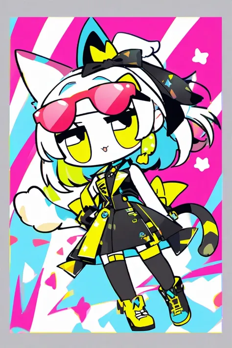 Idol cartoon girl。Cat ears and cat tail 。 design inspired by sunglasses。Color inspired by sunglasses 。whole body