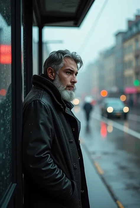 The same man in the picture with gray beard, waiting the bus at the bus stop on a rainy day