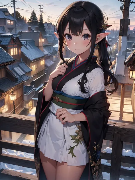 High resolution, 8K Ultra HD, ((ink and painting)), ((one girl elf)),High resolution、8k Ultra HD, winter, New Years Eve, midnight, temple grounds, a large number of girl elves, one A black-haired elf girl , She is wearing a colorful kimono, haregi, ((black...