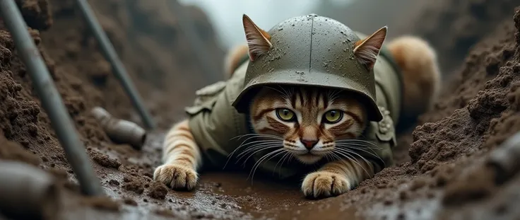 A world war 2 soldier cat wearing a helmet and uniform lying in the mud in a trench after being shot with a stiff face, hyper realistic, hd image