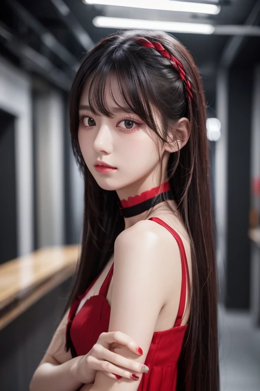  top quality ,  detailed information,  Color Difference,  1 girl,  long hair,  black hair,  messy hair, red highlights,  Hair,  red eyes, Sharp Eye,  choker ,, ,  their four ,  turn my arms around my back , Tie your arms,  