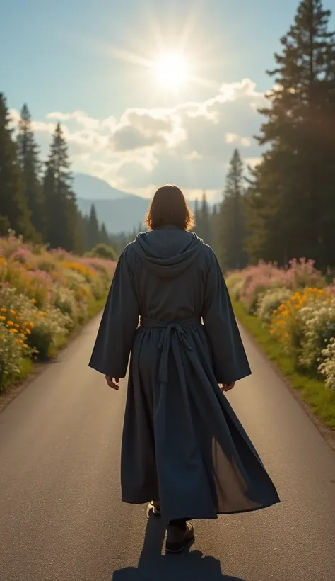 An ultra-realistic biblical image of a pastor with dark gray clothes with a hood back and a dark gray sash tied around the waist and shoulder-length hair, walking towards the horizon on a beautiful road surrounded by flowers and trees, with the cloudless b...