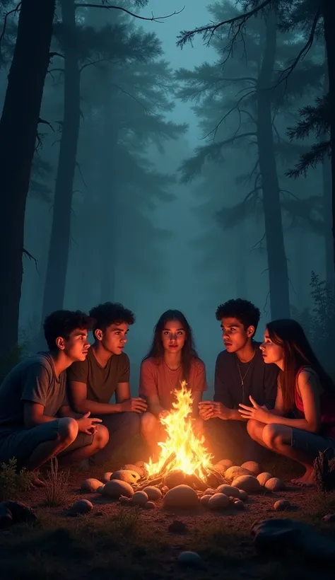 A group of young people sitting around a fire were all looking back in fear, the surrounding scene was a frightening dark forest, covered by thick fog.