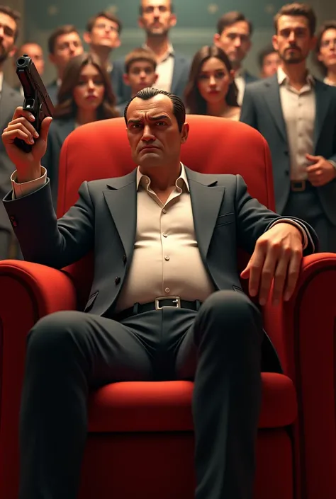 animated mafia boss is carrying a gun sitting on a red chair in a female companion and a group of his friends friends are wearing boxed shirts on his crotch there is a happy new year 2025 inscription