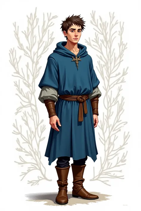 (Blue Medieval peasant outfit) (poncho) (tall skinny male full body)  outline, white outline, (short spike brown hair) (brown eyes) (black pants) (brown leather boots)