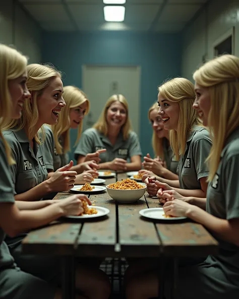 A front view of a group of stunning blonde prison inmates sitting at wooden bench talking and laughing eating from plastic trays at a run down Turkish prison refectory.They are wearing  grey square necked button fronted shirt dresses with INMATE printed on...