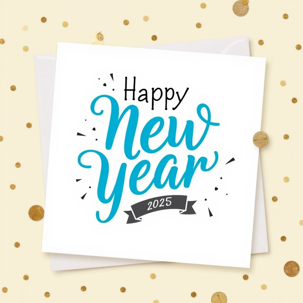 A simple but colourful New Year greeting card. The card has a white and gold background. The text "Happy New Year" with blue background is written in large, bold letters at the top of the card. There is a small banner at the bottom with the number 2025. Th...