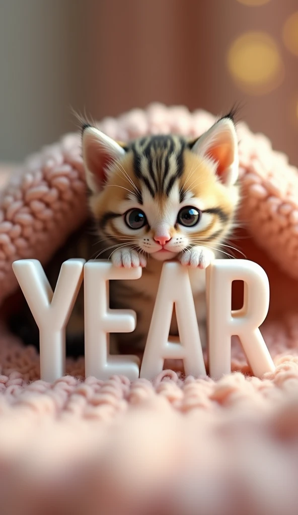 Create an image of the 3d letter year with a kitten in the background