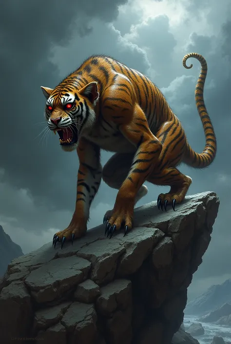 A chimera-like creature with the face of a monkey, the body of a tiger, and a snake for a tail. It crouches on a rocky outcrop under a dark, stormy sky, its glowing red eyes piercing through the gloom."