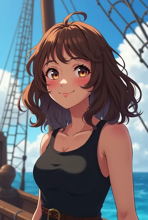 a twenty-two year old woman, shoulder-length wavy brown curly hair ((anime graphic novel style and pirate aesthetic)) honey-colored eyes with an adventurous personality and smiling, wearing a black tank top, a ship mast behind her and a blue sky and sunny ...