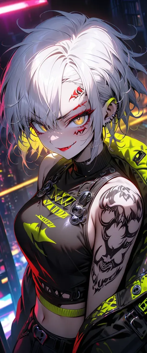 image of tomboy girl, solo, masterpiece, white hair, undercut hairstyle, yellow eyes, masterpiece, image of a wild girl with tattoo, midriff, punk, red eyeshadow, wild, smirk on face, city at nighttime, neon colors lighting, moody, shadows, 1 girl, Red Lip...