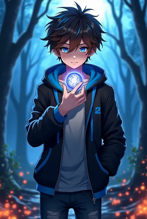 /imagine prompt: A serene anime-style close-up of a 17-year-old shonen hero, messy brown hair with blue streaks, glowing blue eyes, and a faint scar across his face. He clutches a glowing medallion in his hand, which emits a faint blue light. He wears a bl...