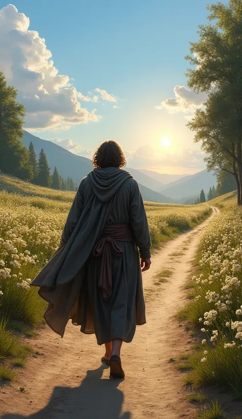 An ultra-realistic biblical image of a shepherd with dark gray clothing, a hood on his back and a dark gray sash tied around his waist and shoulder-length hair, walking towards the horizon along a beautiful dirt road surrounded by flowers and trees, with t...