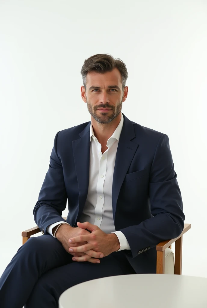 Simple handsome man sitting politely on a chair and table with a white background