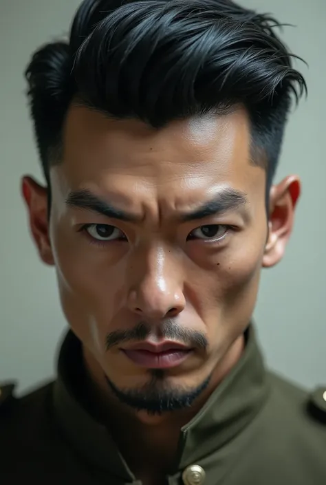 30 year old nerdy asian male double eyelid clean shaven with military haircut with vindictive stare