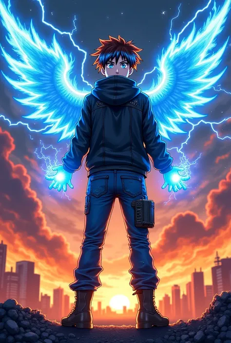 /imagine prompt: An iconic shonen-style splash art of a 17-year-old protagonist in a heroic stance, messy brown hair with blue streaks, glowing blue eyes, and a scar that symbolizes resilience. His hands, engulfed in vibrant blue flames, stretch outward, f...