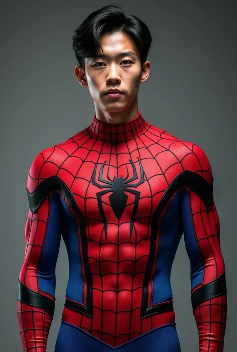 Handsome and sexy Korean teenager, teenager, young, male, wearing Spiderman costume while showing his sixpack abs, muscular, sixpack, young, front view, Korean idol, hot, very muscle, very horny biceps and triceps, photo realistic, realistic, 8k, UHD, sexy...